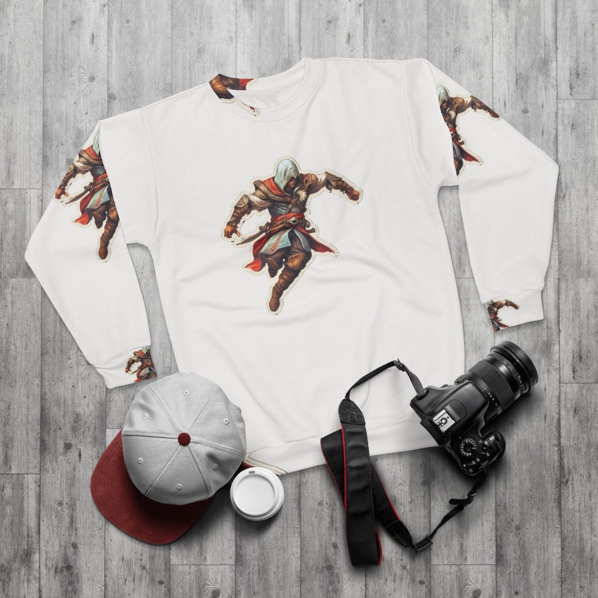 Assassins Creed Sticker Sweatshirt with Fan Art Design - flat lay