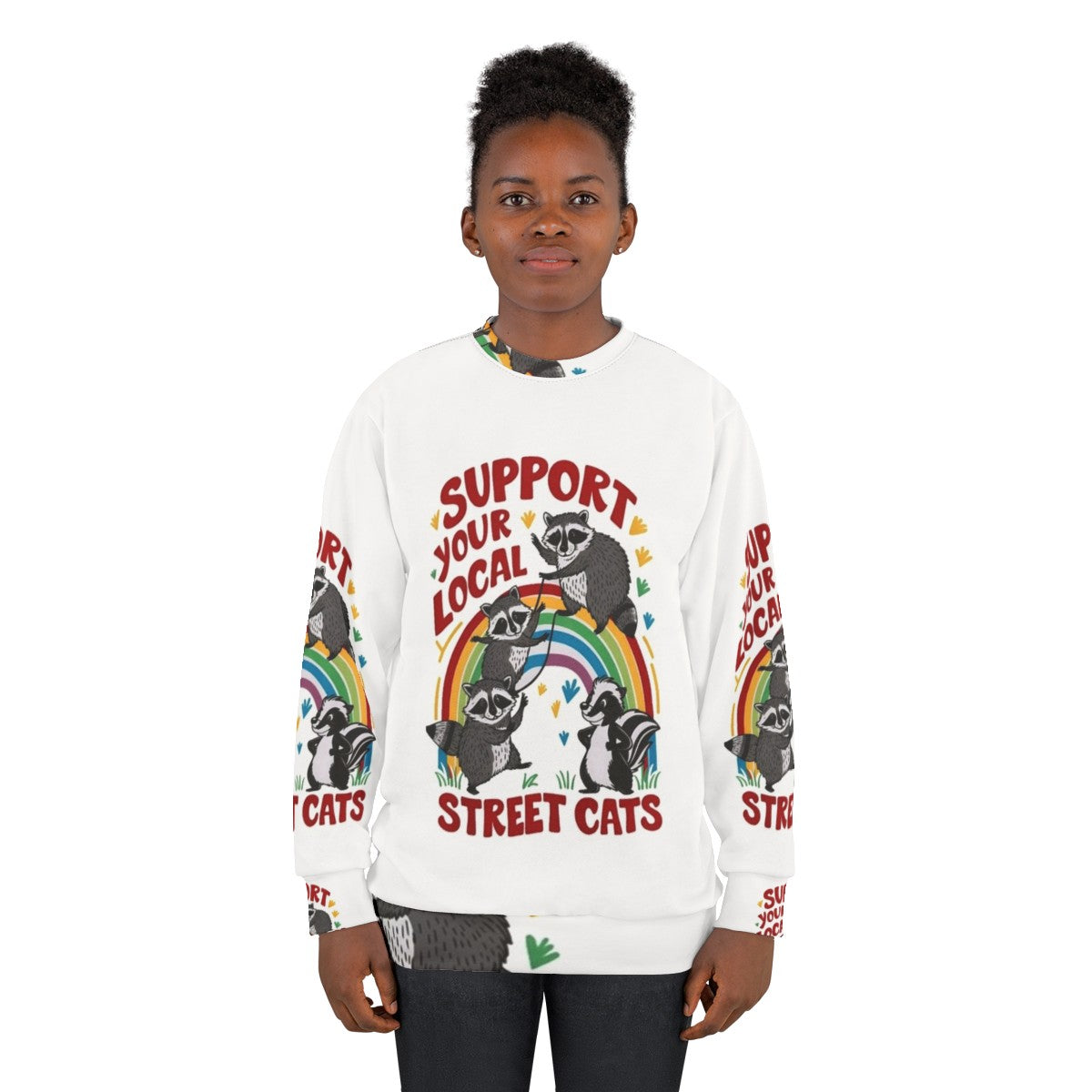 Retro cat sweatshirt with the text "Support Your Local Street Cats" - women