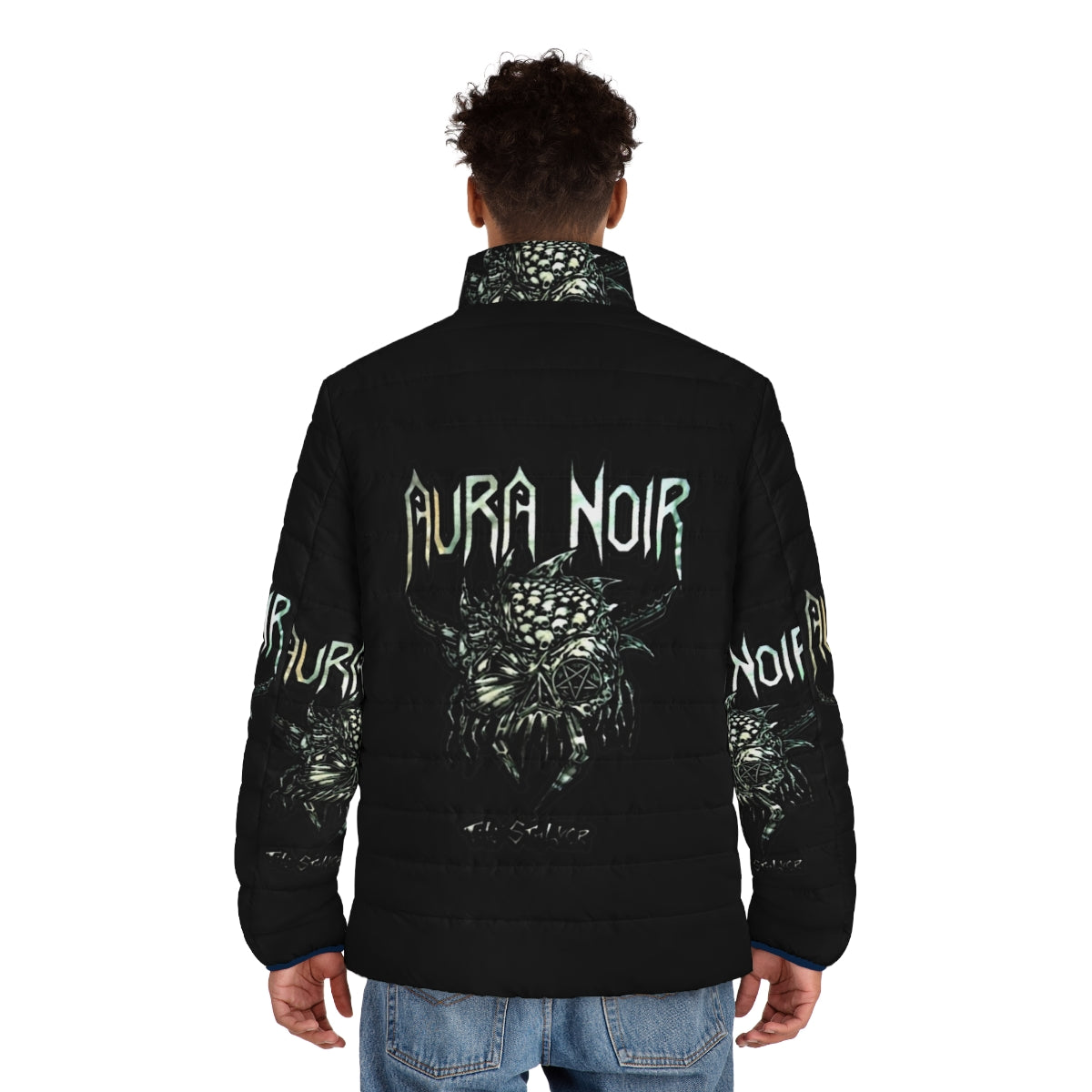 Norwegian black thrash metal band puffer jacket with band logo - men back