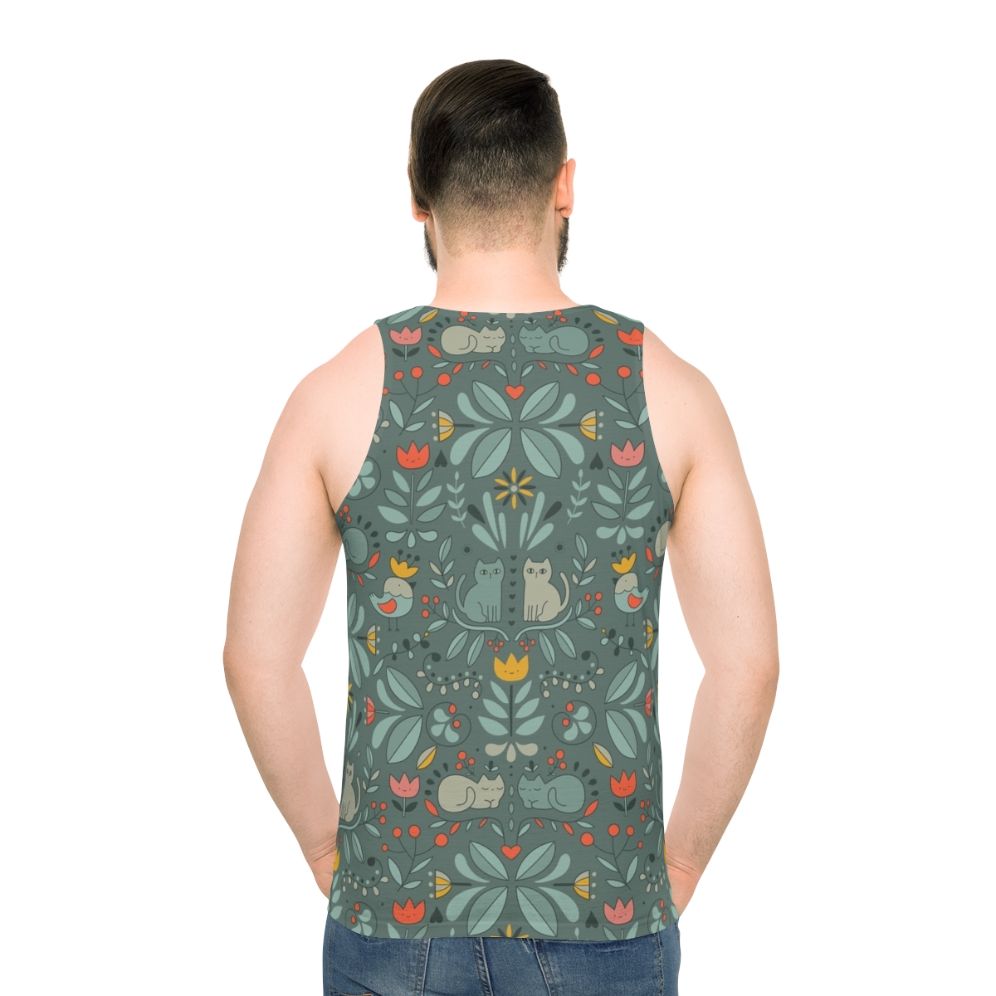 Unisex tank top with a whimsical Swedish folk cat graphic design - men back