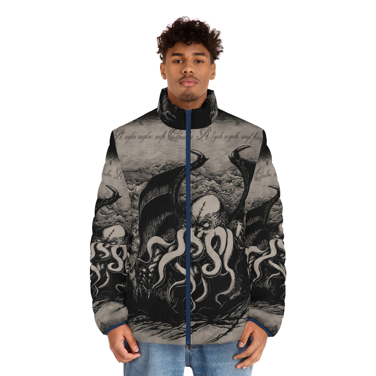 Lovecraft-inspired Cthulhu puffer jacket with vintage-style tentacle monster illustration - men front