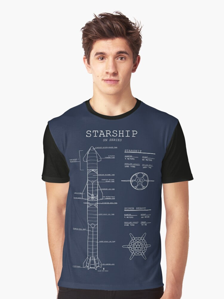 Detailed blueprint graphic design of the SpaceX Starship rocket on a t-shirt - Men