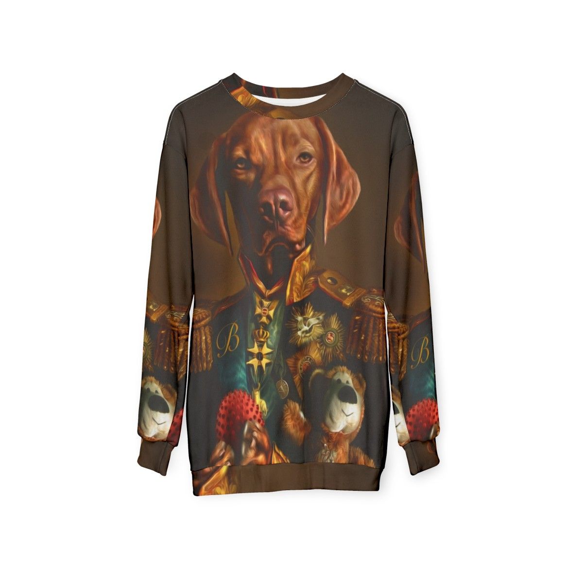 Hungarian Vizsla dog wearing a sweatshirt with a portrait of itself - hanging