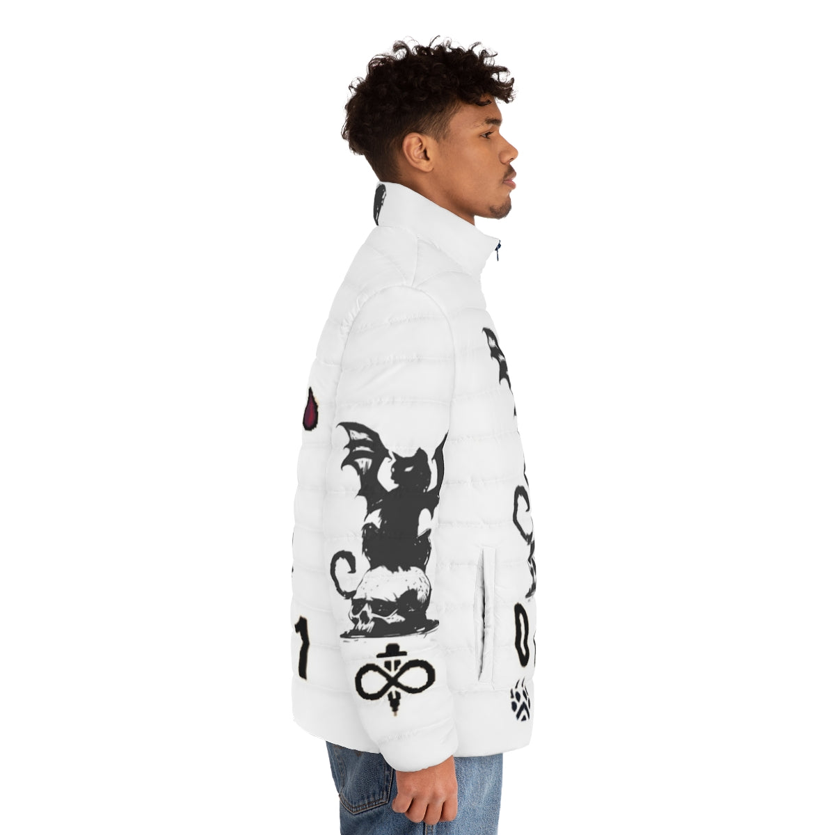 Inscryption 4 Puffer Jacket, featuring the logo and imagery from the popular video game - men side right