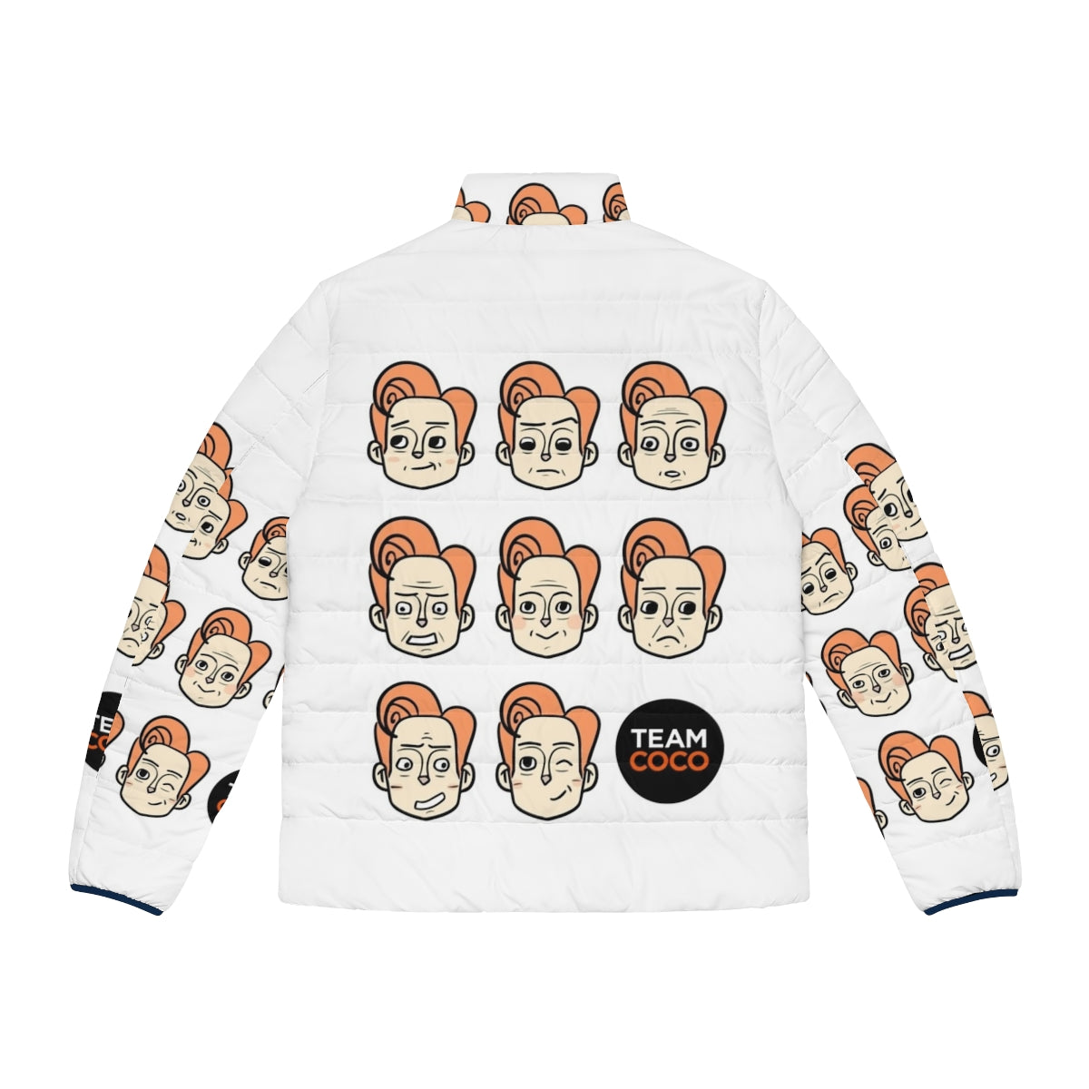 Conan Obrien Puffer Jacket featuring various expressions and designs - Back