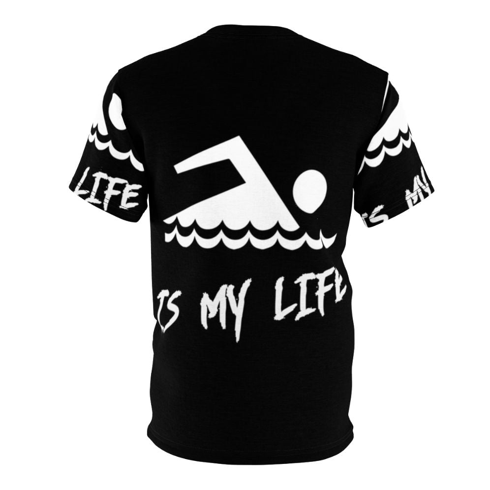 A person wearing a T-shirt with the design "Swimming Is My Life" - Back