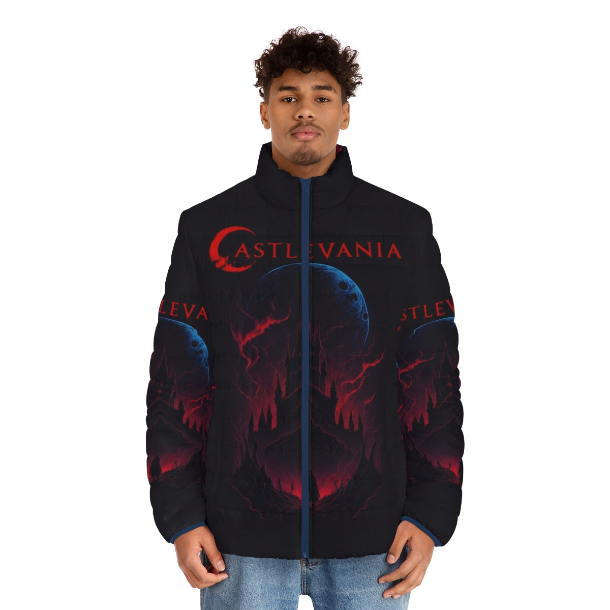 Castlevania Night Ruin Puffer Jacket featuring characters from the Netflix series - men front