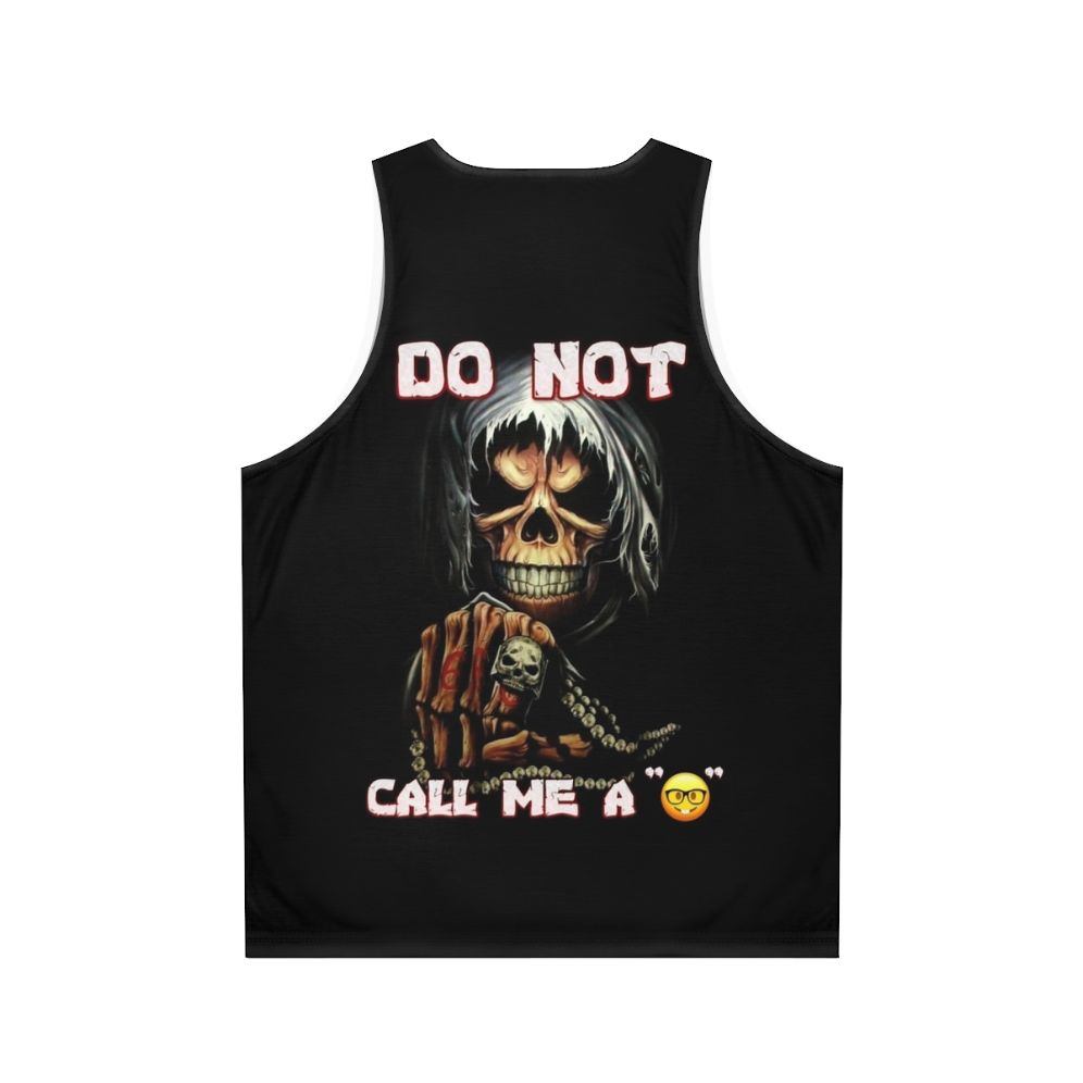 Edgy skull design tank top with meme-inspired text - Back