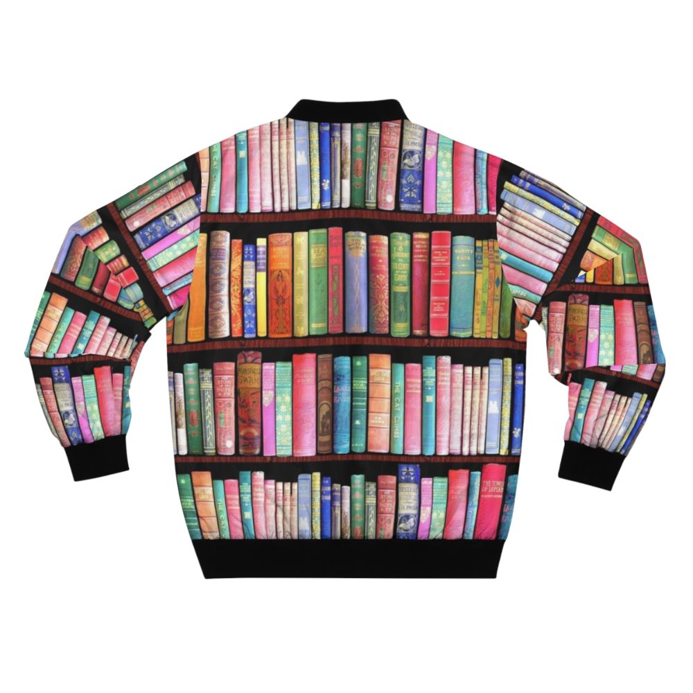 Vintage book lover's bomber jacket featuring a retro bookshelf and bookworm design - Back