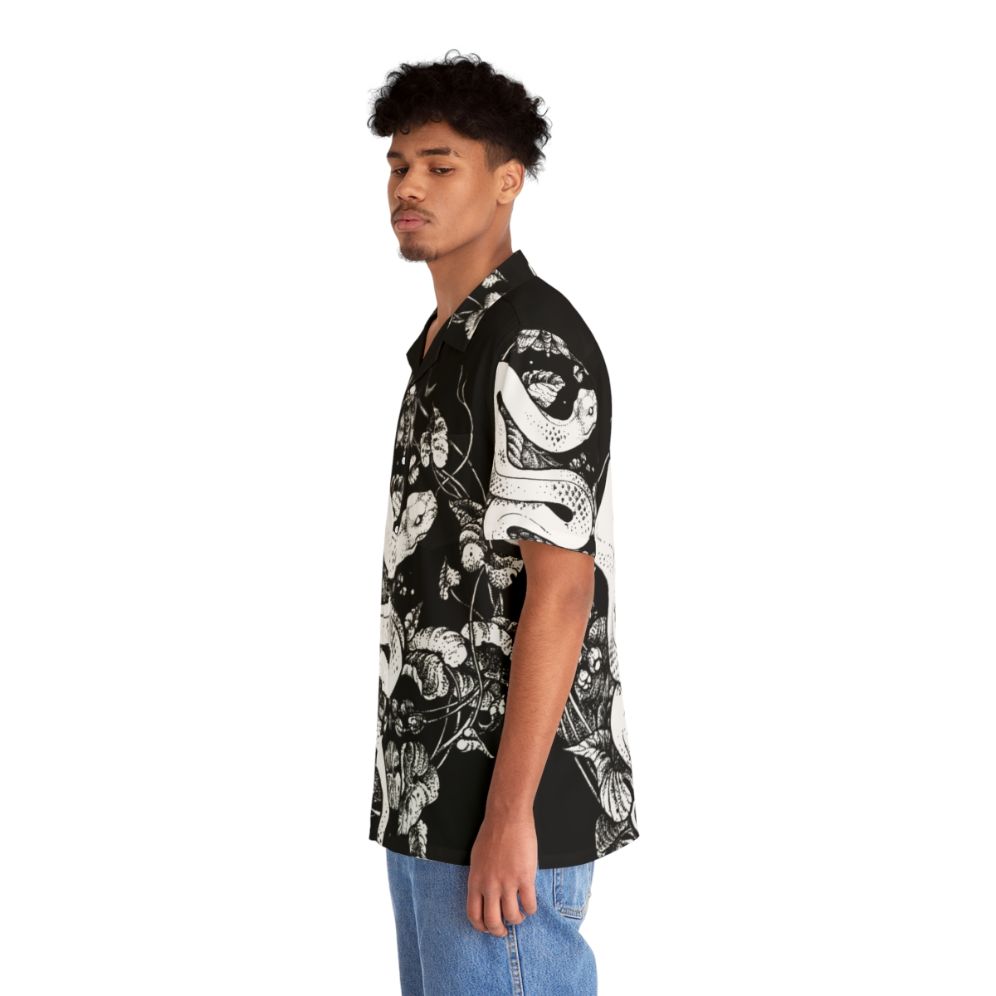 Dark and mysterious black and white Hawaiian shirt with nature inspired graphic illustration - People Left