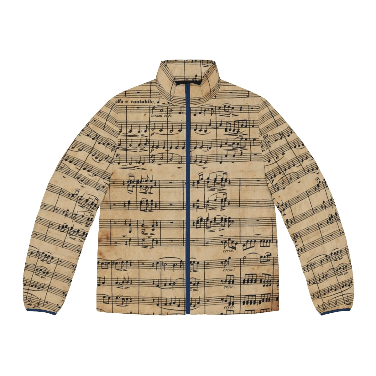 Puffer jacket featuring Beethoven's 9th symphony sheet music on antique paper