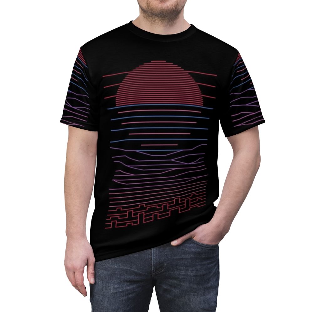 Minimalist art t-shirt design featuring a linear landscape with the sun, mountains, and ocean - perfect for summer vacation and travel. - men front