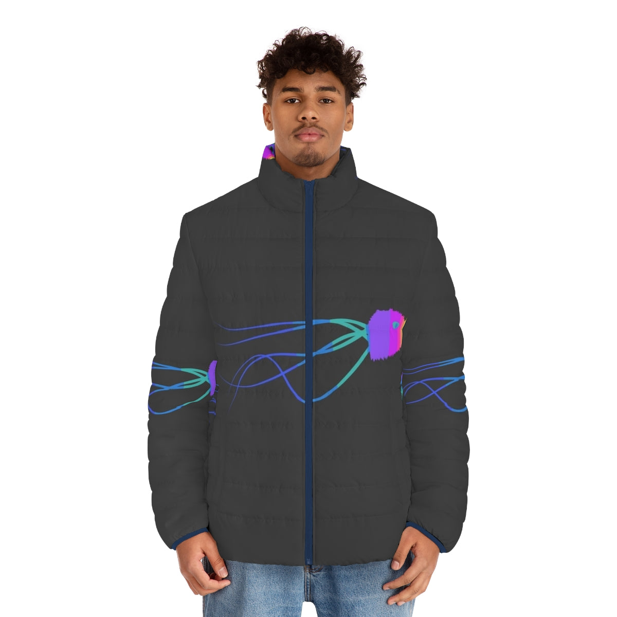 Jellyfish puffer jacket with colorful abstract animal design - men front