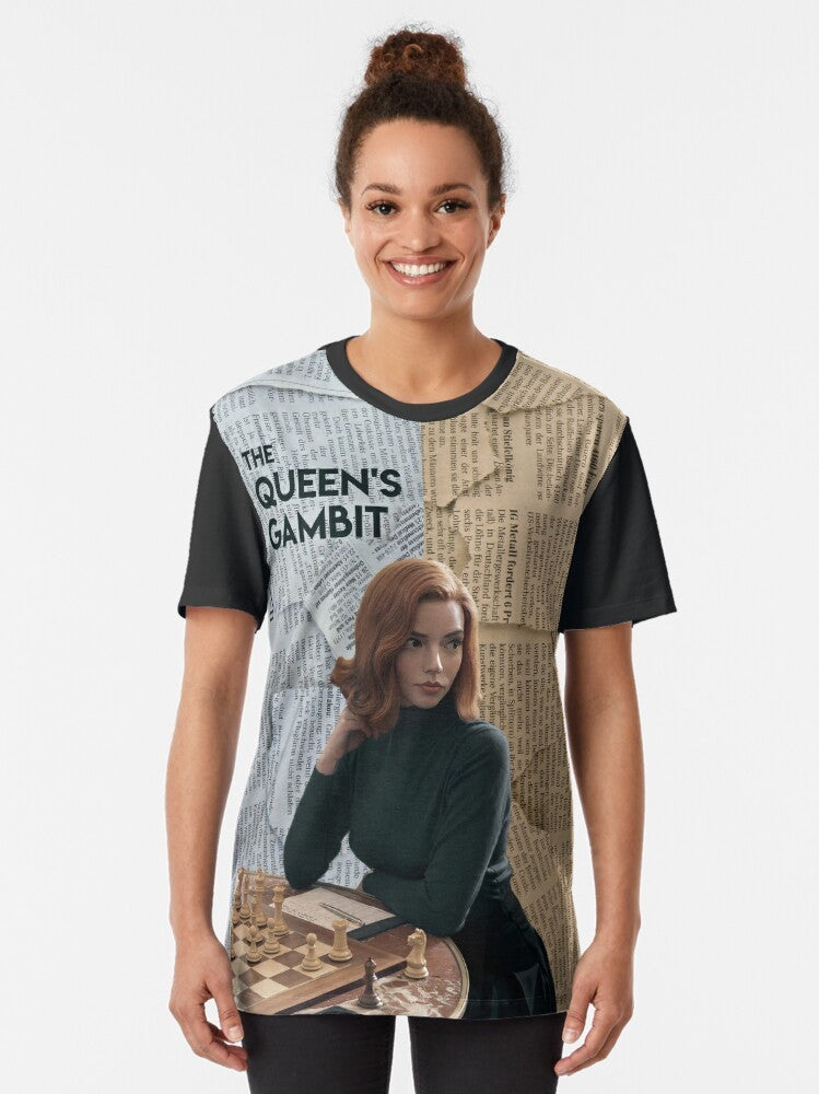 The Queen's Gambit Chess Graphic T-Shirt featuring Beth Harmon and a chessboard design - Women