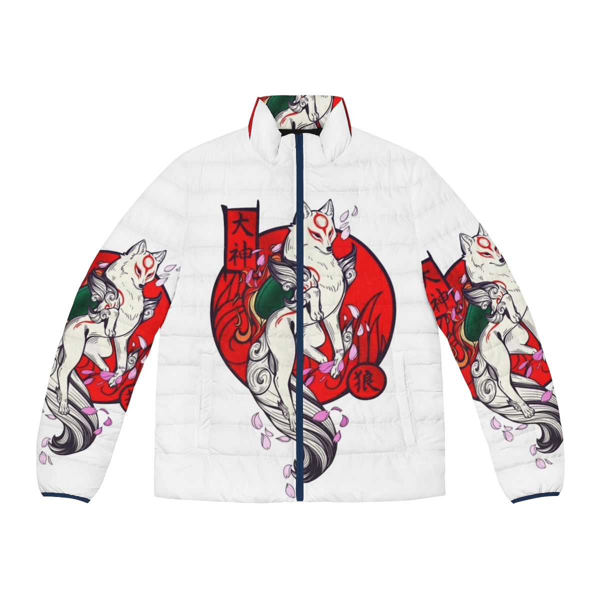 Okami Sakura Puffer Jacket featuring a traditional Japanese wolf design and sakura flowers