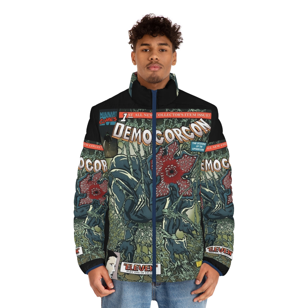 Demogorgon Puffer Jacket featuring Stranger Things-inspired design with spiderwebs and interdimensional elements - men front