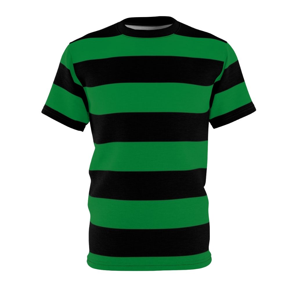 Stylish green and striped t-shirt with a unique horizontal stripe pattern design