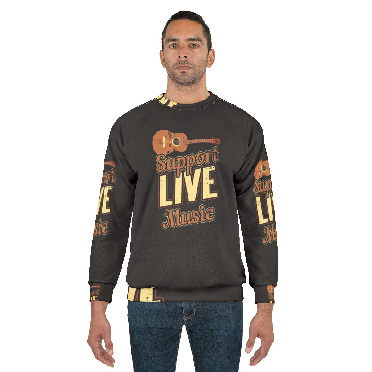 Live music lover wearing a retro-style sweatshirt with an indie band design - men