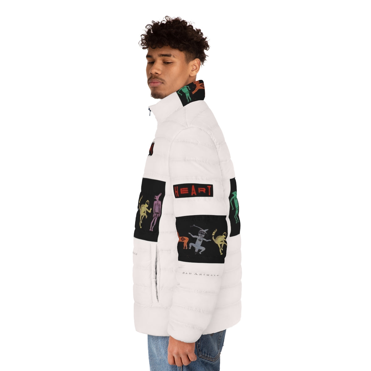 Puffer jacket with the album cover art for Heart's 1987 album "Bad Animals" - men side left