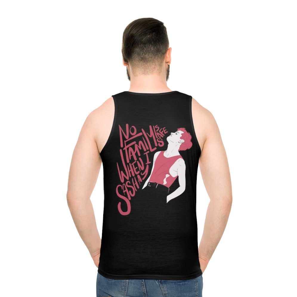 Unisex tank top with minimalist "No Family Is Safe When I Sashay" design - men back