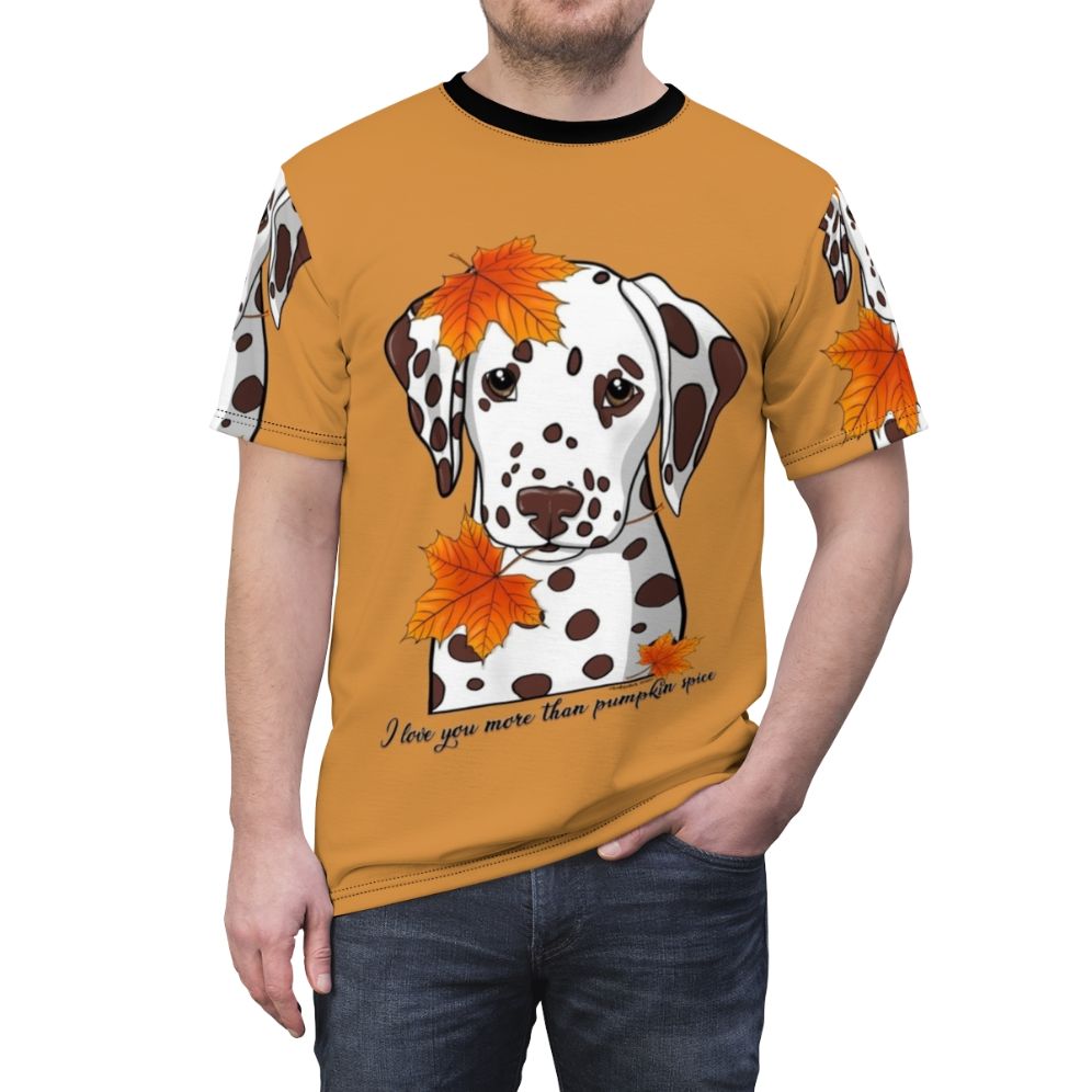 Dalmatian dog design on an autumn-themed t-shirt with pumpkins and fall leaves - men front