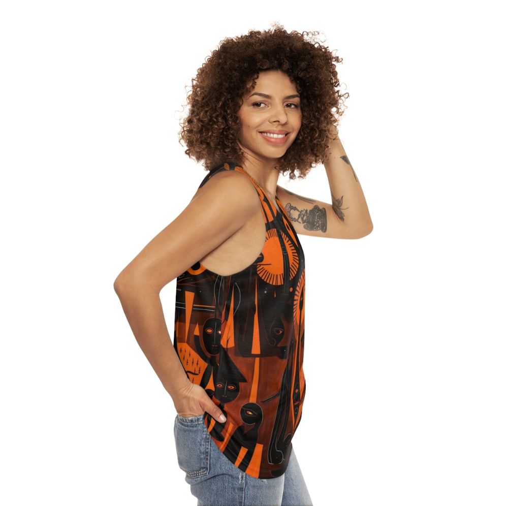 Unisex tank top with nature-inspired woodcut artwork featuring ancient spiritual symbols - women side