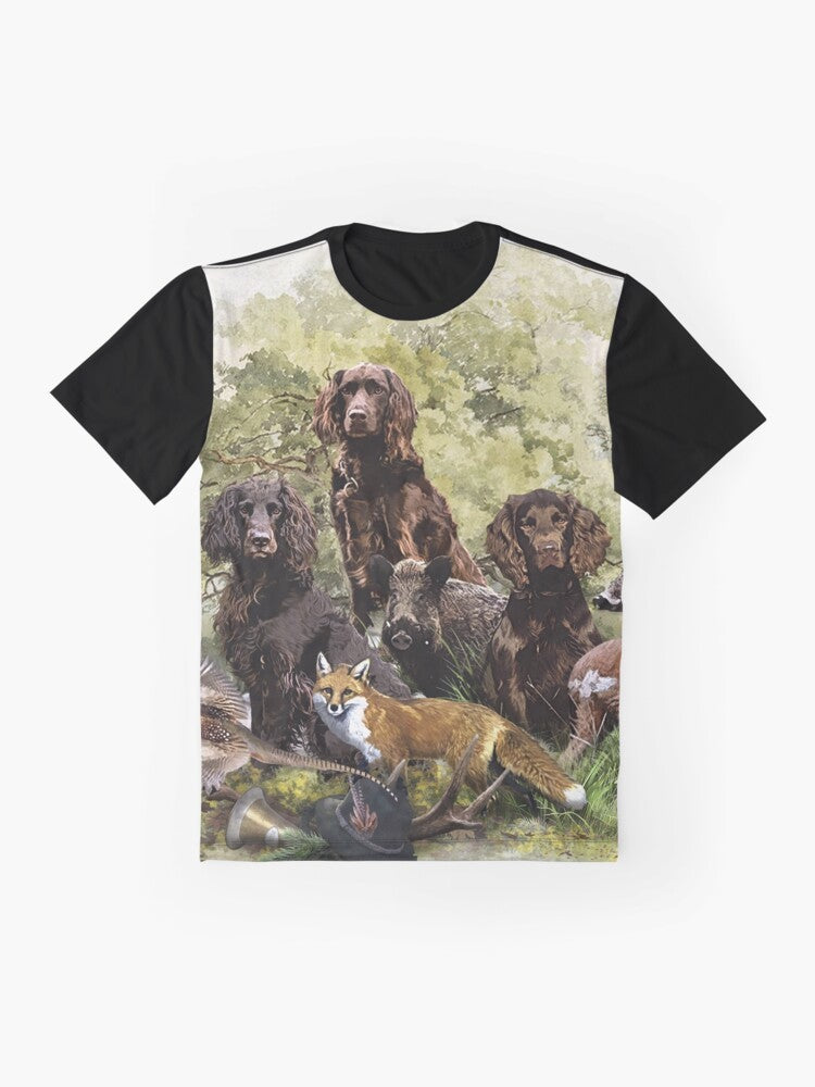 Graphic t-shirt featuring a Wachtelhund (German Spaniel), a versatile hunting dog breed. - Flat lay