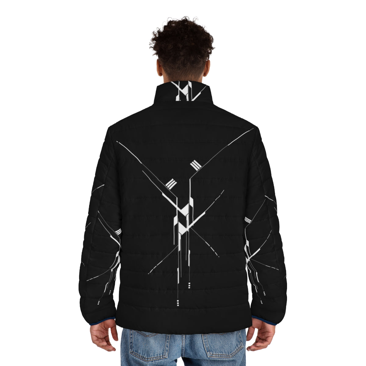 Futuristic geometric puffer jacket with abstract lines and modern design - men back