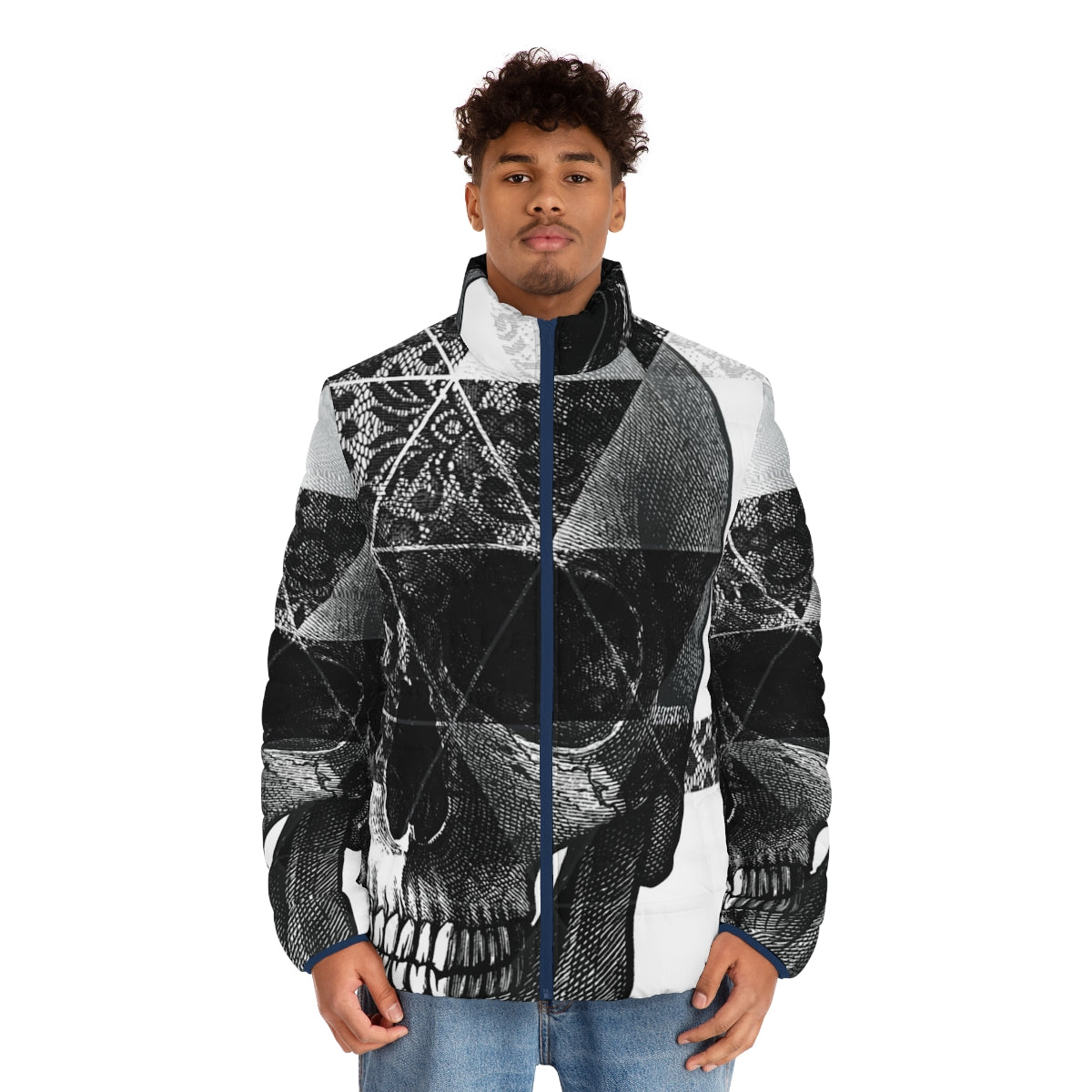 Dias De Los Geomuertos Puffer Jacket with geometric skull and triangle pattern - men front