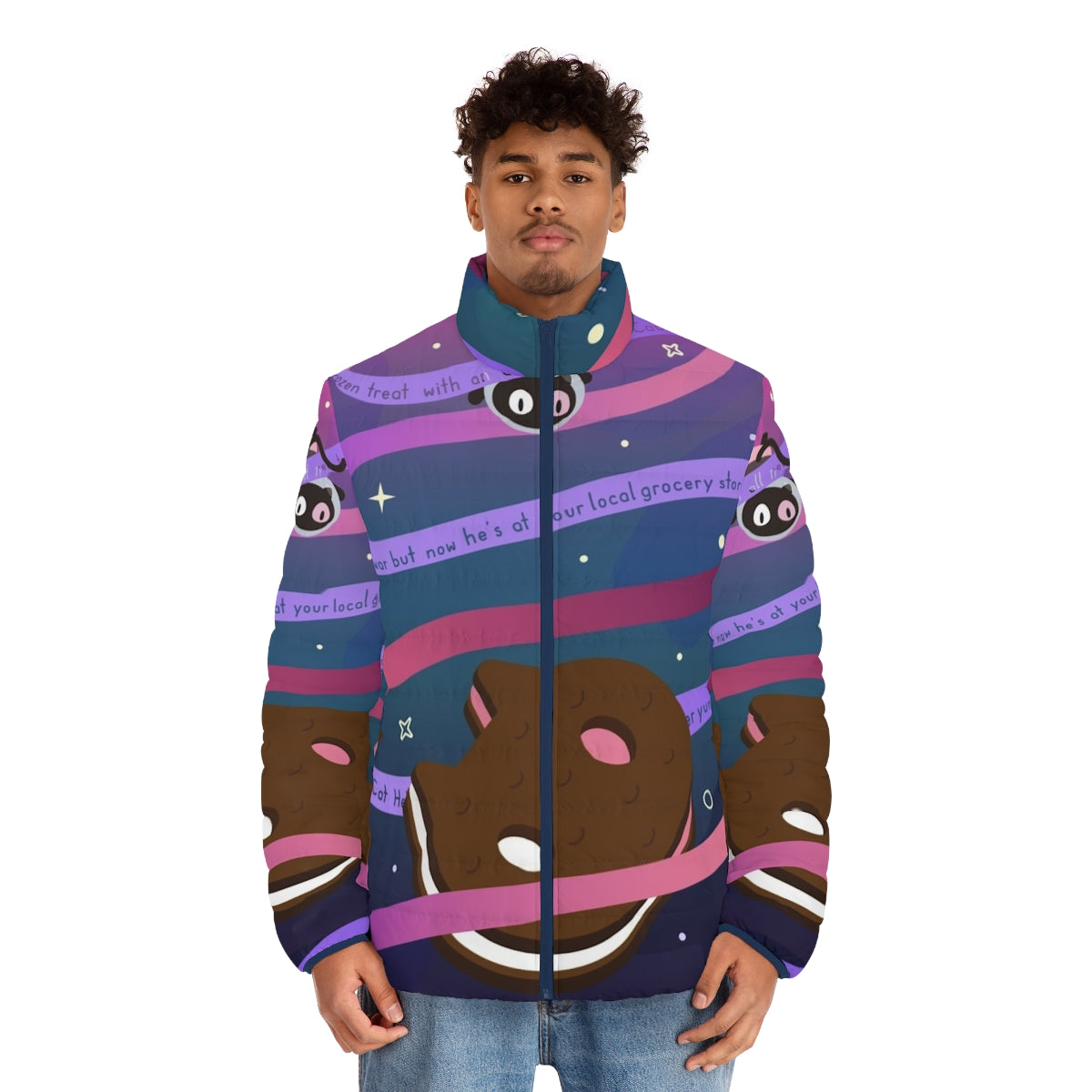 Cookie Cat Puffer Jacket featuring the iconic ice cream sandwich character from the Steven Universe cartoon series - men front