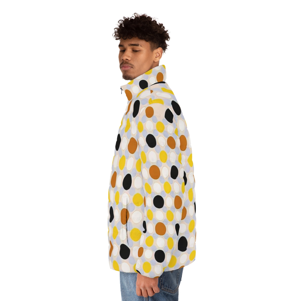 Puffer jacket in vibrant colors and geometric patterns, inspired by the abstract art of American painter Thomas Downing. - men side left