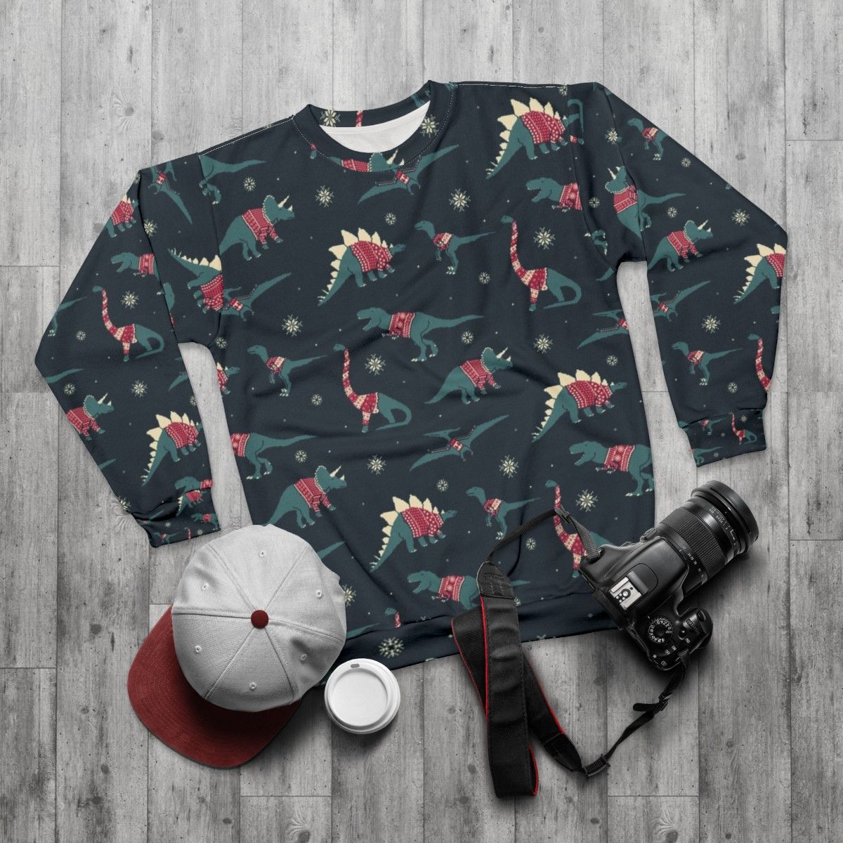 Dinos in Sweaters Festive Dinosaur Sweatshirt - flat lay