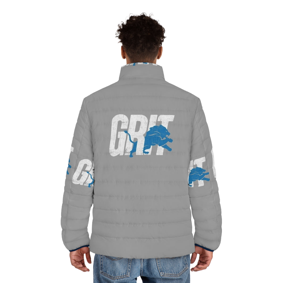 Detroit Grit Puffer Jacket with football graphics - men back