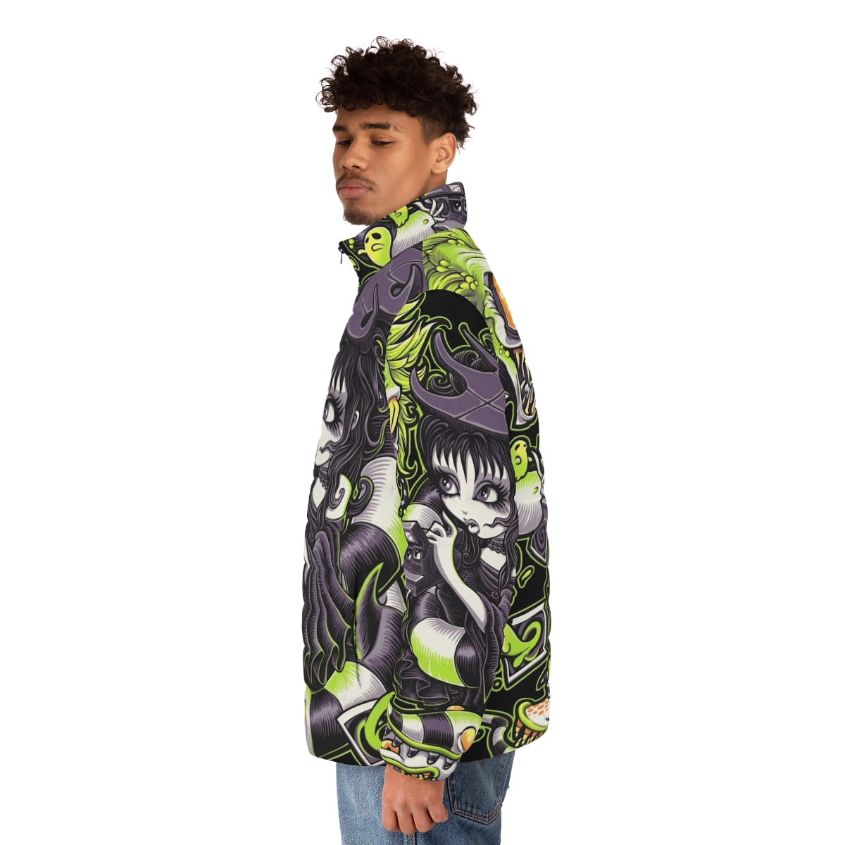 A puffer jacket with a gothic, horror-inspired design featuring Beetlejuice-inspired elements - men side left