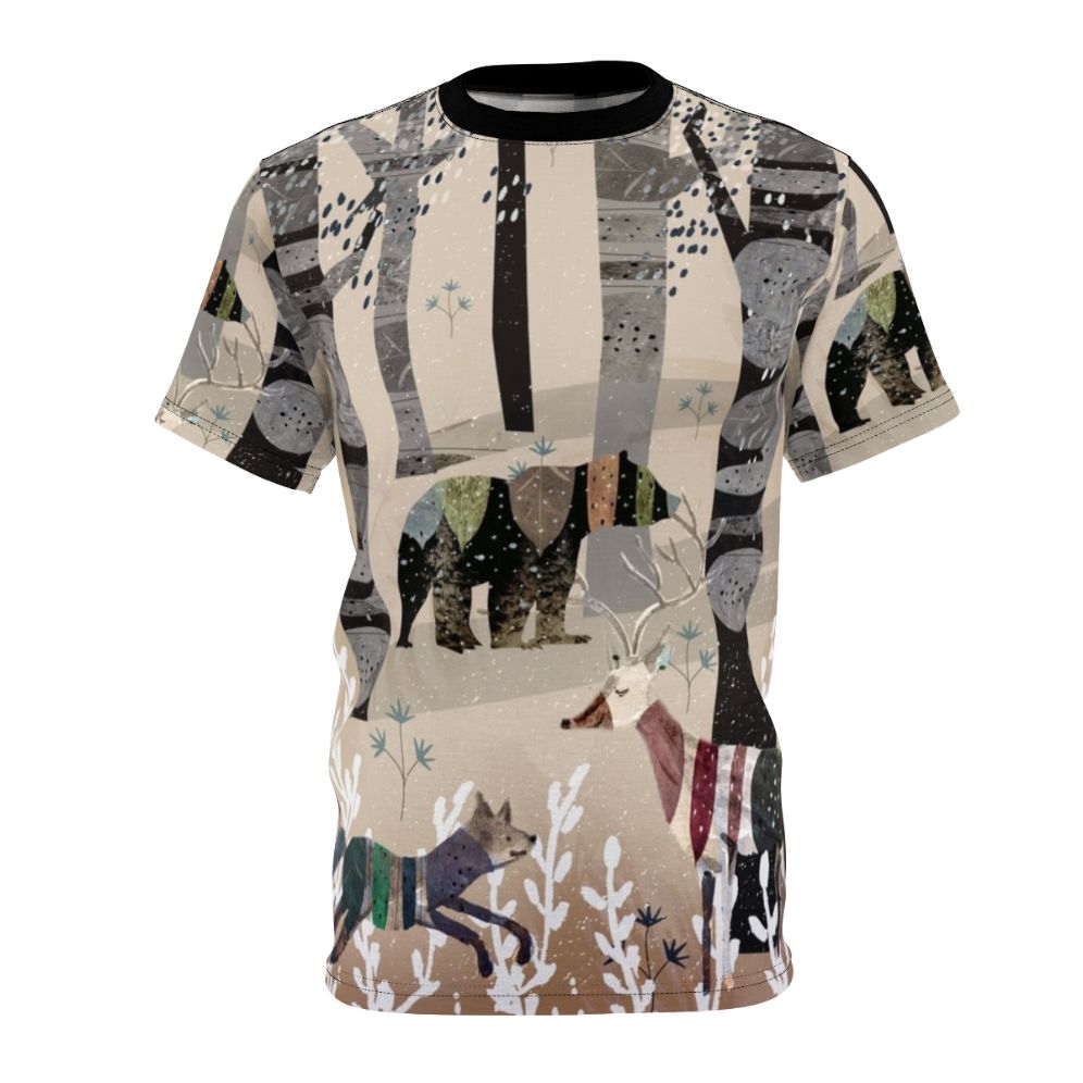 Whimsical forest animals watercolor illustration on a t-shirt