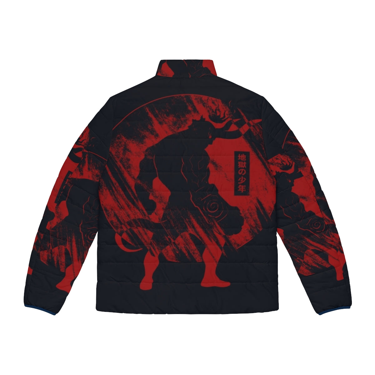 Hellboy inspired puffer jacket with a bold red and black design - Back