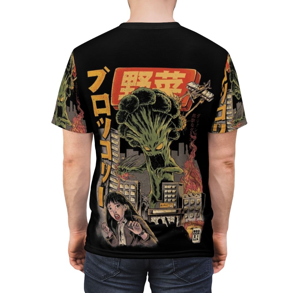 Illustration of a giant, mutant broccoli creature on a black t-shirt - men back