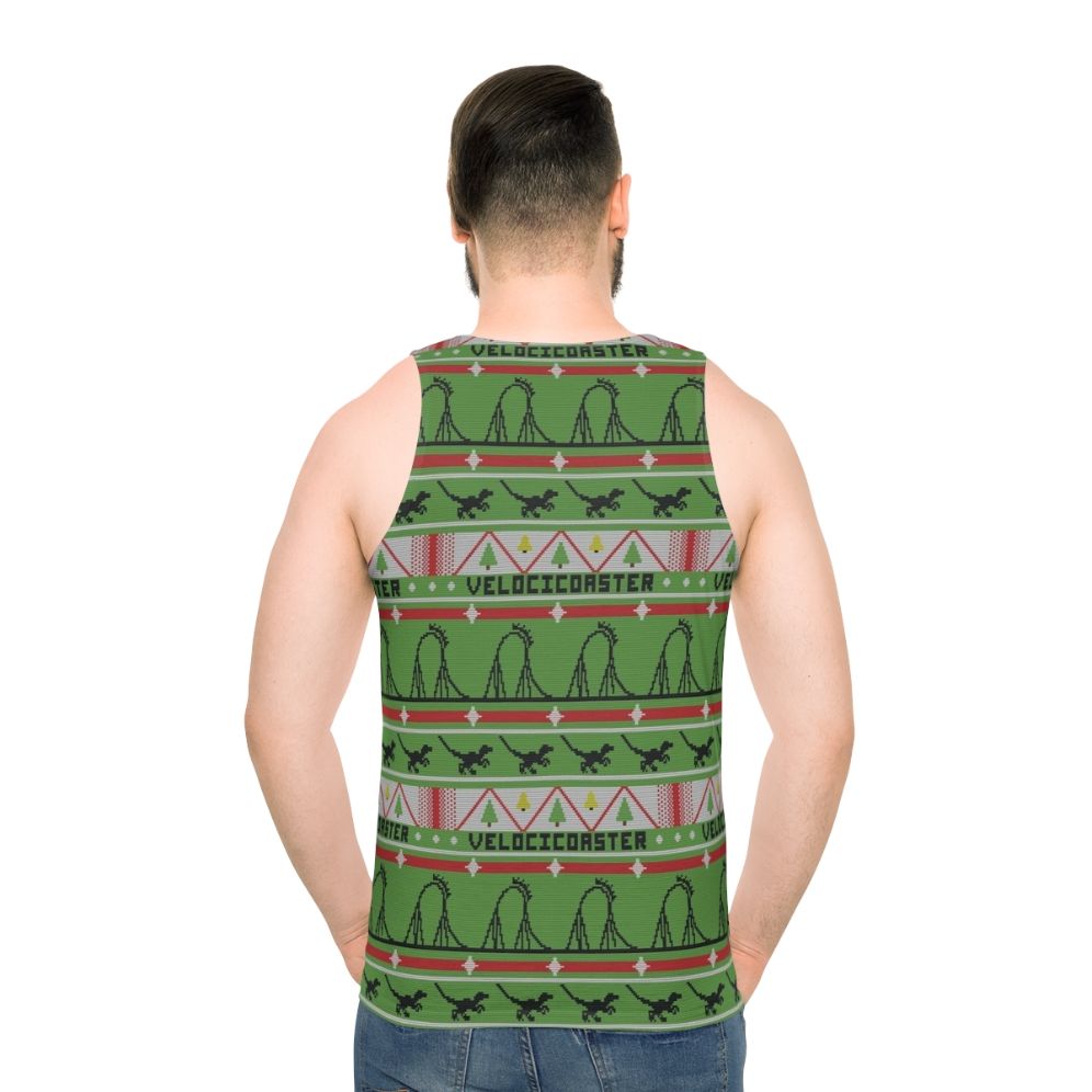 Velocicoaster Unisex Tank Top with Ugly Christmas Sweater Dinosaur Design - men back