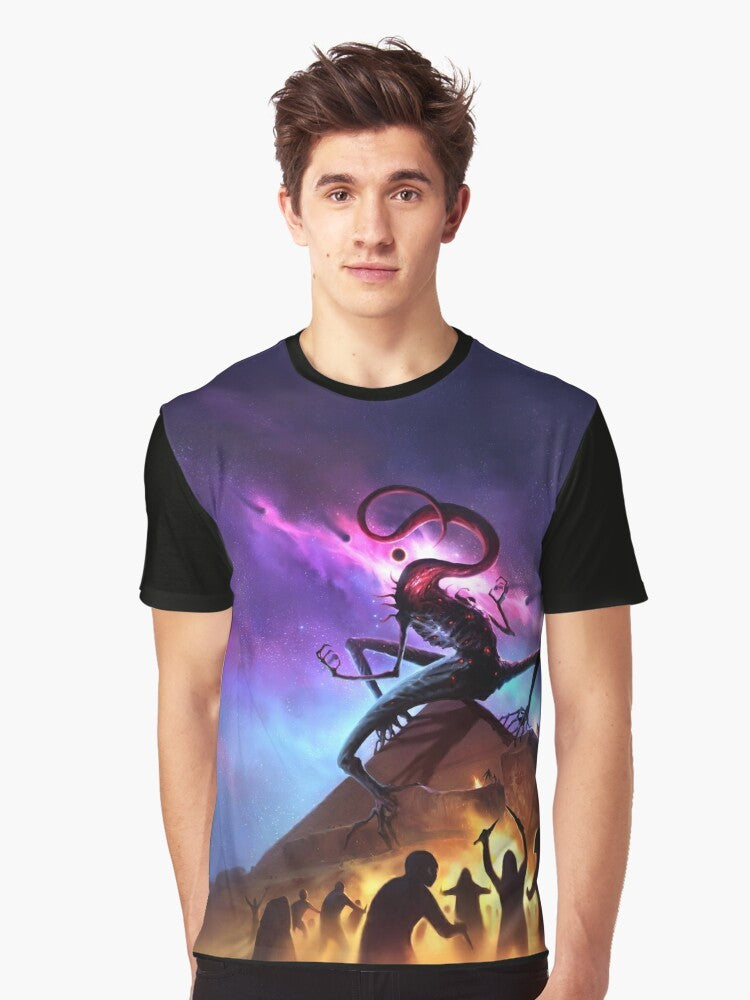 Cthulhu horror-themed graphic t-shirt featuring the Masks of Nyarlathotep book cover art - Men