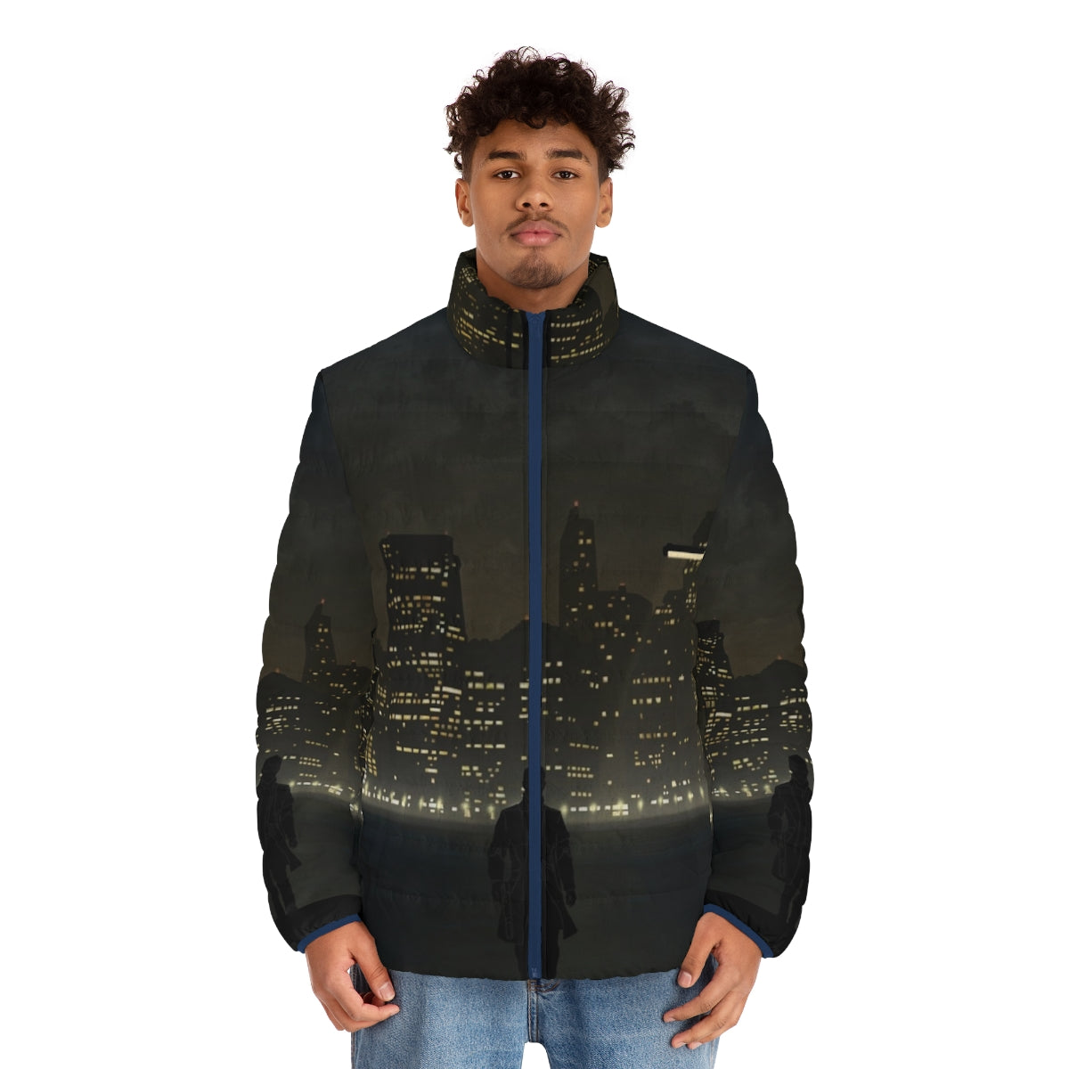 Deus Ex cyberpunk-inspired puffer jacket with warriors and landscapes design - men front