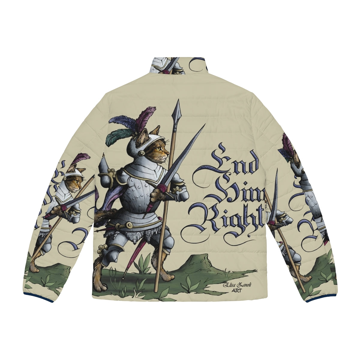 Hemanimals medieval-inspired puffer jacket with cats and historical fencing imagery - Back