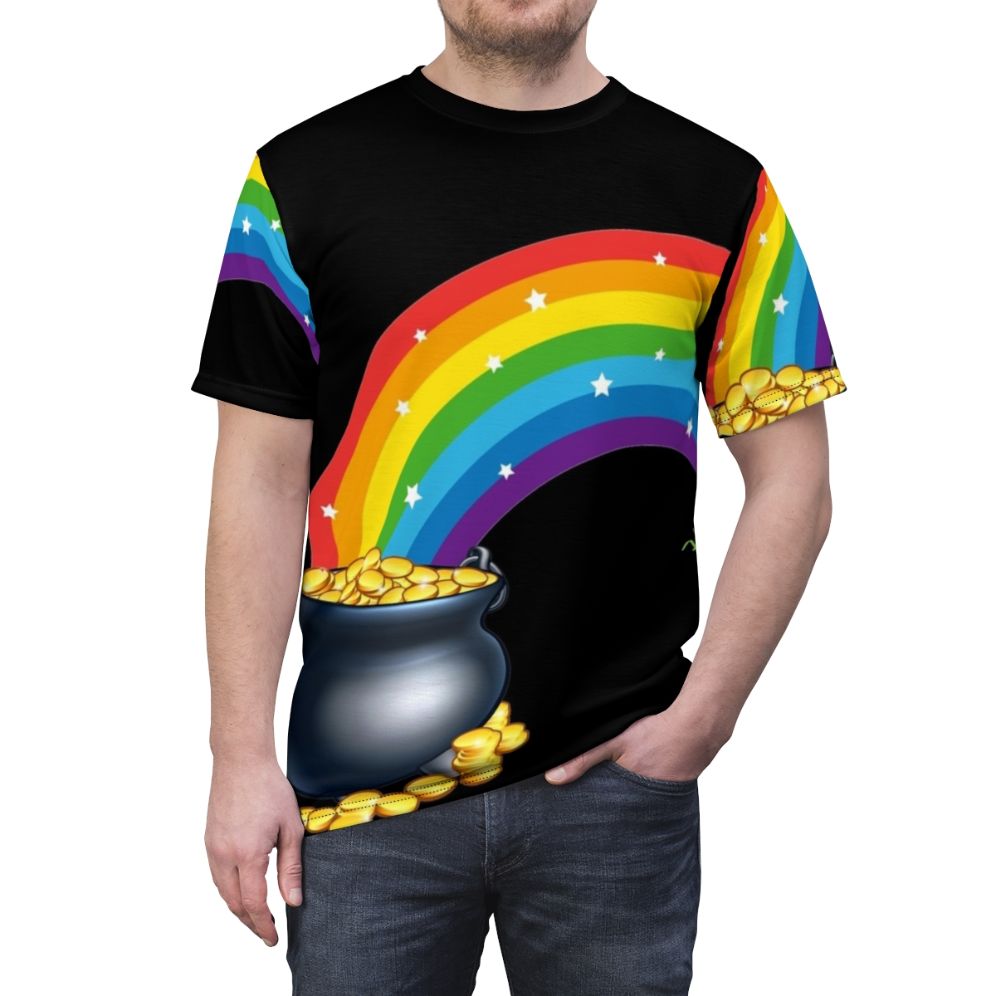 Graphic tee featuring a pot of gold at the end of a rainbow, representing the Irish legend of luck and prosperity. - men front