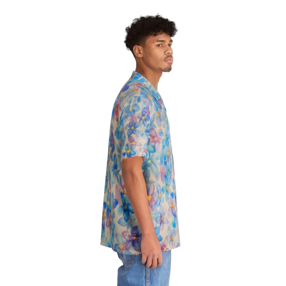 Blue watercolor flower buds painting on a Hawaiian shirt - People Pight