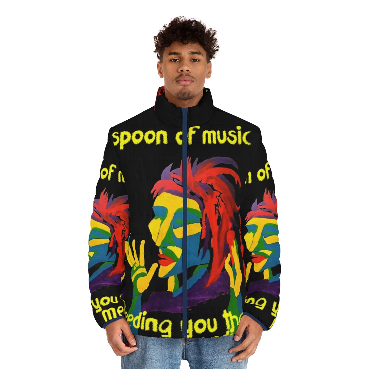 Spoon Of Music Puffer Jacket featuring a musical note design - men front