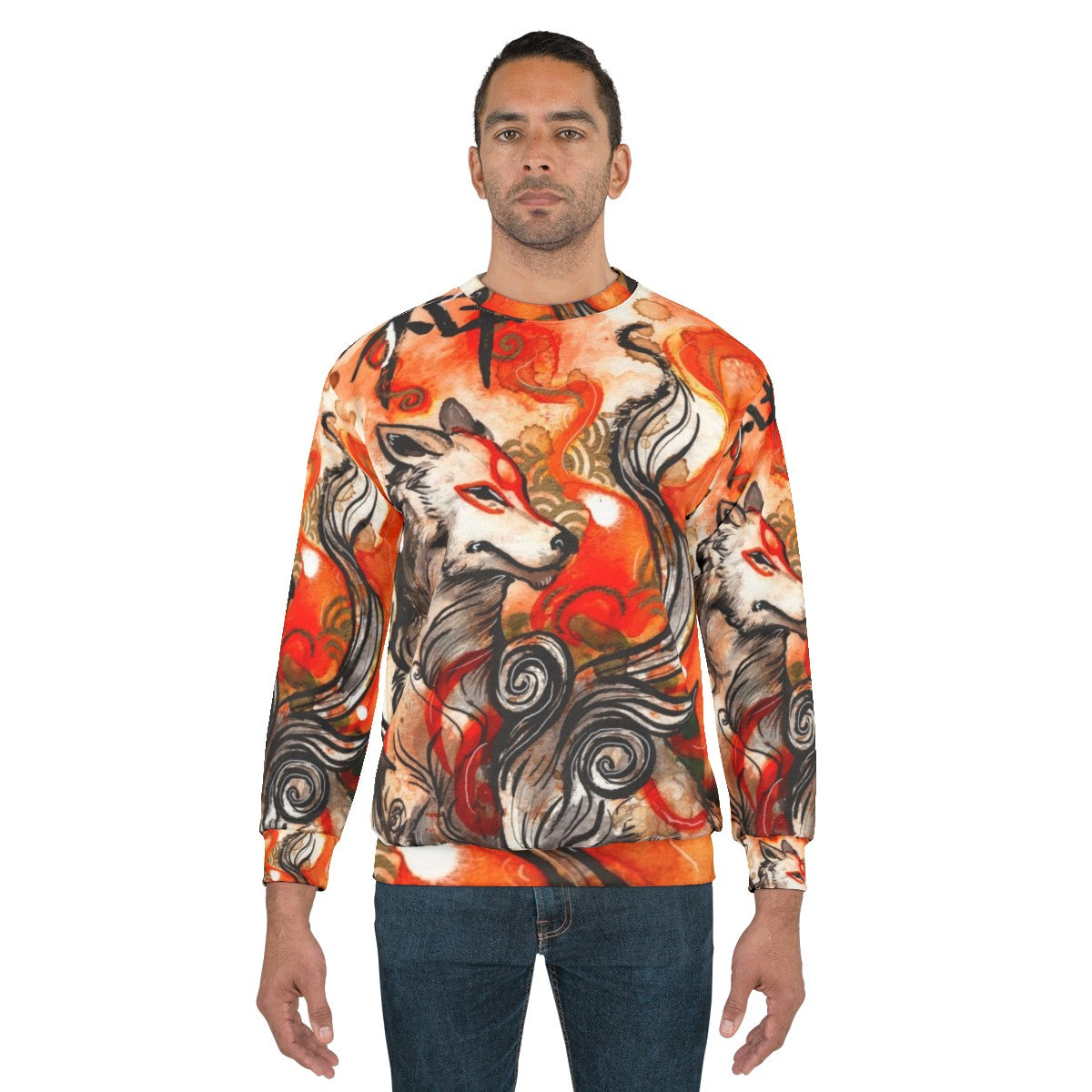 Okami Amaterasu inspired sweatshirt featuring a wolf-themed ink wash painting design - men