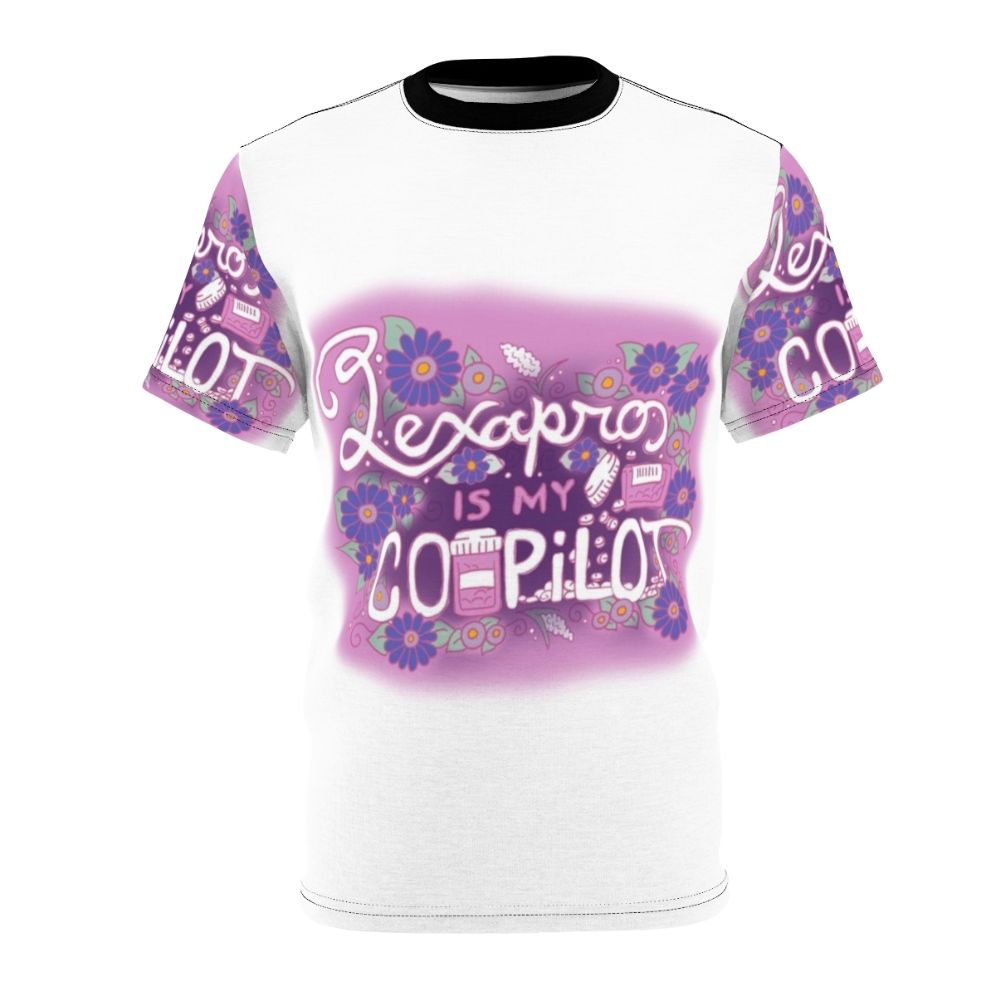 Vibrant floral illustration t-shirt with the text "Lexapro Is My Copilot"