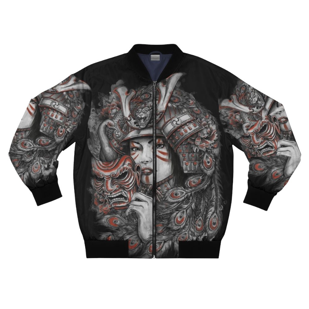 Samurai-inspired bomber jacket with colorful peacock and Japanese design elements