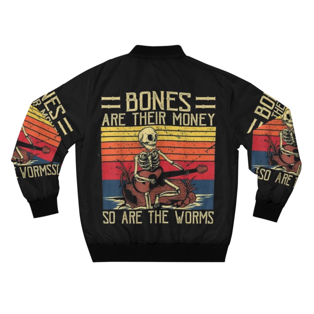 Retro vintage bomber jacket with a skeleton playing a guitar design, inspired by the comedy series "I Think You Should Leave with Tim Robinson". - Back