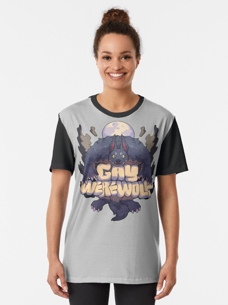 Graphic t-shirt with a werewolf design in pride colors, representing the LGBTQ+ community - Women