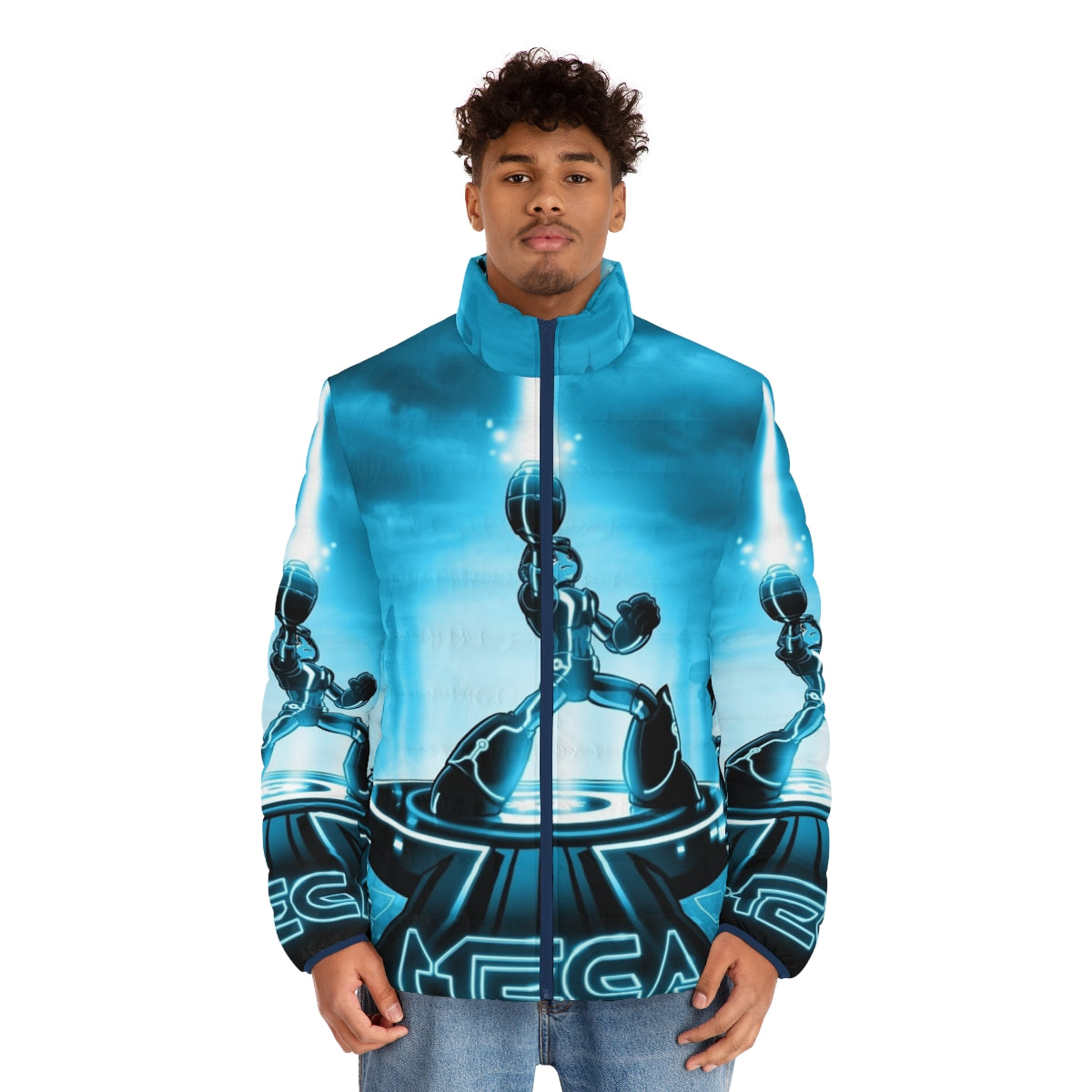 Mega Man x Tron Legacy Retro 80s Puffer Jacket with Iconic Video Game and Movie Characters - men front